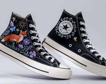 Individuell gestickte Kontraste High Tops 1970er Jahre, Fuchs und Blumen bestickte Schuhe