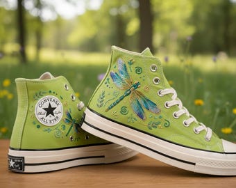 Dragonfly Converse High Top, Green Chuck Taylor Sneakers, Nature Inspired Custom Shoes, Gift for Her