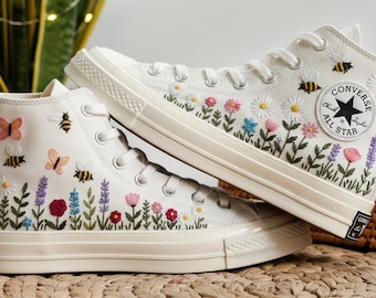 Custom Embroidered Converse Sneakers, Butterfly Floral Design
