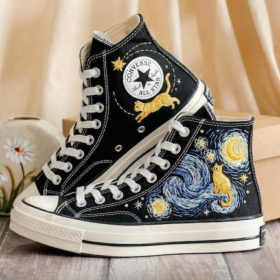 Custom Starry Night Cat Embroidered Converse Sneakers