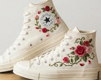 Custom Floral Embroidered Converse High Top Sneakers, Hand Embroidery Rose Shoes, Personalized Canvas Shoes Gift