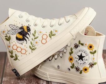 Bee Embroidered Converse High Tops, Custom Sneakers White with Floral Design