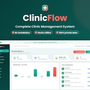 Może przedstawiać: Cyfrowy interfejs systemu zarządzania kliniką ClinicFlow, przedstawiający pulpit nawigacyjny ze statystykami pacjentów, harmonogramami wizyt i danymi finansowymi. Układ zawiera ciemnozielony pasek boczny oraz białe panele z wykresami.