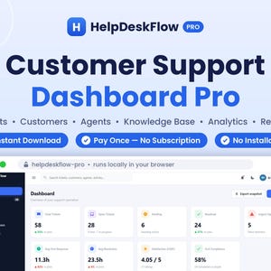 Peut inclure: Interface logicielle HelpDeskFlow Pro Customer Support Dashboard Pro avec une barre latérale sombre contenant des icônes de navigation et une zone principale claire affichant des métriques pour les tickets, clients, agents et analyses.