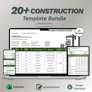 May include: A laptop, tablet, and smartphone display construction templates. The screen shows financial documents with the text "20+ CONSTRUCTION Template Bundle" and "Income & Expenses Tacker". Icons indicate editability, customisation, and instant download.