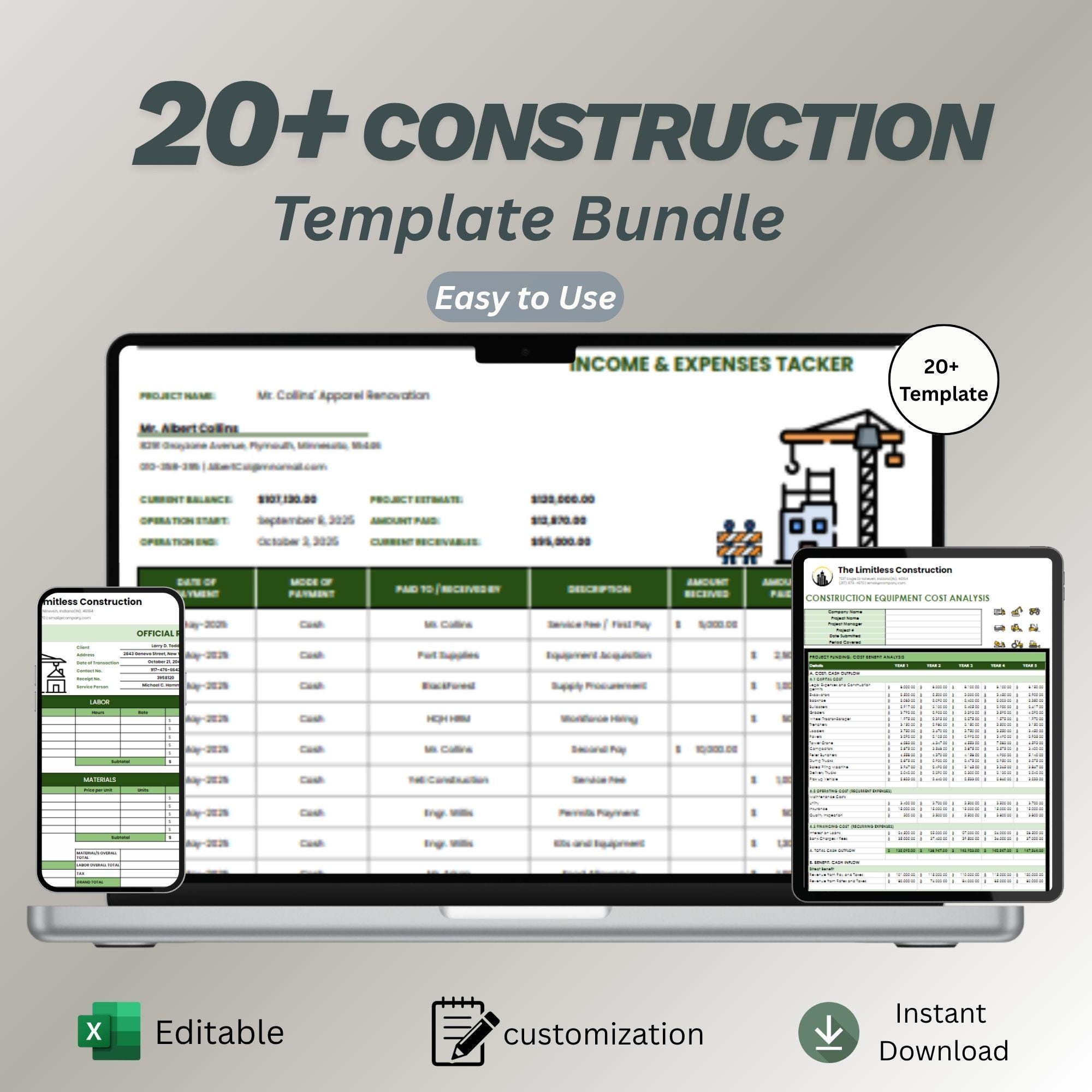 20+ Construction Excel Template Bundle Contractor Project Cost Estimator, Budget & Job Cost Tracker Google Sheets Builder Toolkit