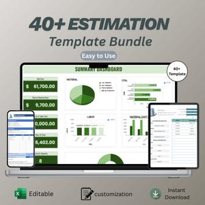 May include: A laptop, smartphone, and tablet display a construction estimation template bundle. The screen shows a summary dashboard with financial data, charts, and graphs. The text reads "40+ Estimation Template Bundle" and "Easy to Use". Icons indicate editability, customization, and instant download.