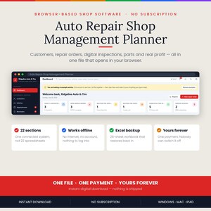 Auto Repair Shop Management Software | Mechanic Invoice & Repair Order Template | Parts Inventory, Vehicle Service Log | Digital Download