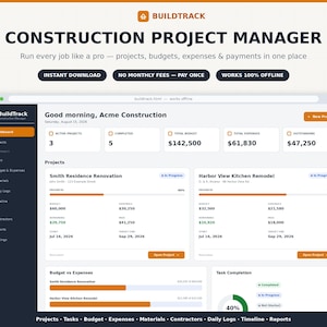 Könnte beinhalten: Eine digitale Dashboard-Oberfläche mit dem Titel BuildTrack Construction Project Manager, die Projektkennzahlen, Budgets, Ausgaben und Zahlungen anzeigt. Der Bildschirm zeigt aktive Projekte, Aufgabenfortschrittsdiagramme und Finanzübersichten für das Baumanagement.