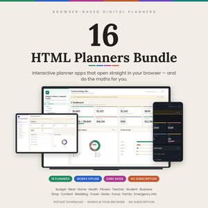 Op de afbeelding: Een bundel van 16 browsergebaseerde HTML-planners met interactieve apps die direct in een webbrowser openen. Het scherm toont een dashboard-interface met financiële gegevens, grafieken en diagrammen op een laptop, tablet en smartphone.