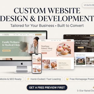 Op de afbeelding: Een digitaal scherm met diensten voor websiteontwerp en ontwikkeling. Het scherm toont mock-ups voor een medische kliniek, een bakkerij en een aannemersbedrijf. De tekst bevat "Custom Website Design & Development" en "Get a Free Preview First."
