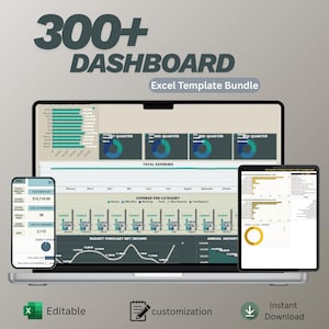 Może przedstawiać: Laptop, smartfon i tablet wyświetlają pakiet szablonów Excel. Ekran pokazuje pulpity nawigacyjne finansowe z wykresami. Tekst zawiera "300+ DASHBOARD", "Excel Template Bundle" oraz ikony edycji, dostosowywania i natychmiastowego pobierania.