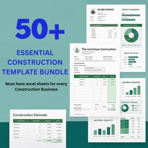 Könnte beinhalten: Ein Paket mit Bauvorlagen mit dem Text "50+ ESSENTIAL CONSTRUCTION TEMPLATE BUNDLE". Das Bild zeigt verschiedene Dokumente, darunter Rechnungen, Dashboards und Schätzungen, mit grün-weißen Farbschemata. Der Text "Must have excel sheets for every Construction Business" ist ebenfalls sichtbar.