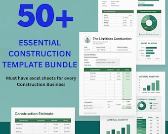 50 Excel Google Sheets Vorlagen | Bau-Werkzeug-Bundle | Kostenschätzung, Budgeterstellung, Terminplaner Projektmanagement für Unternehmer