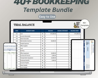 Puede incluir: Un portátil, una tableta y un smartphone muestran un paquete de plantillas de contabilidad. La pantalla muestra una balanza de comprobación con datos financieros. La imagen incluye el texto "40+ Bookkeeping Template Bundle" e iconos de editabilidad y descarga instantánea.