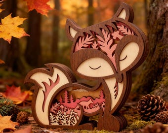 Decoración de zorro de madera, adorno de animal de bosque nórdico, figura de zorro de madera en capas, decoración escandinava de otoño para el hogar, adorable estante con forma de animal de bosque