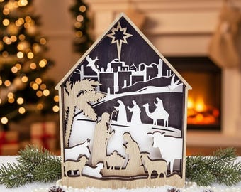 Houten kerststal, scène heilige familie kerst, rustiek houten kribbedecor, tafeldecoratie voor feestdagen, christelijk cadeau voor kerst