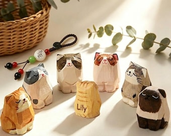 Personalized Hand Carved Wooden Cat Keychain | Cute Calico Kitty Figurine | Handmade Wood Cat Lover Gift for Women | Mini Kitten Bag Charm
