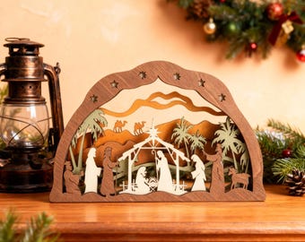 Kerststal houten decor, kerststal tafelblad display, heilige familie religieus ornament, kerstcadeau, gelaagde houten kerststal