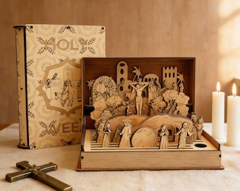 Christliche Ostern hölzerne Anzeigekasten | Biblisches Auferstehungs-Motiv | Glaube Geschenk für Zuhause | Religiöses Dekor Buch Diorama | Spirituelle Tischkunst
