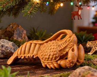 OpenClaw Lobster Sculpture Wooden Decor, Rustic Lobster Figurine, Coastal Beach House Ornament, Unique Animal Art Gift, Handmade Ocean Decor