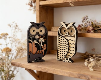 Layered Wooden Owl Decor | 3.6‘’ 3D Wood Owl Sculpture | Rustic Home Decor, Nature-Inspired Tabletop Art, Bookshelf Accent