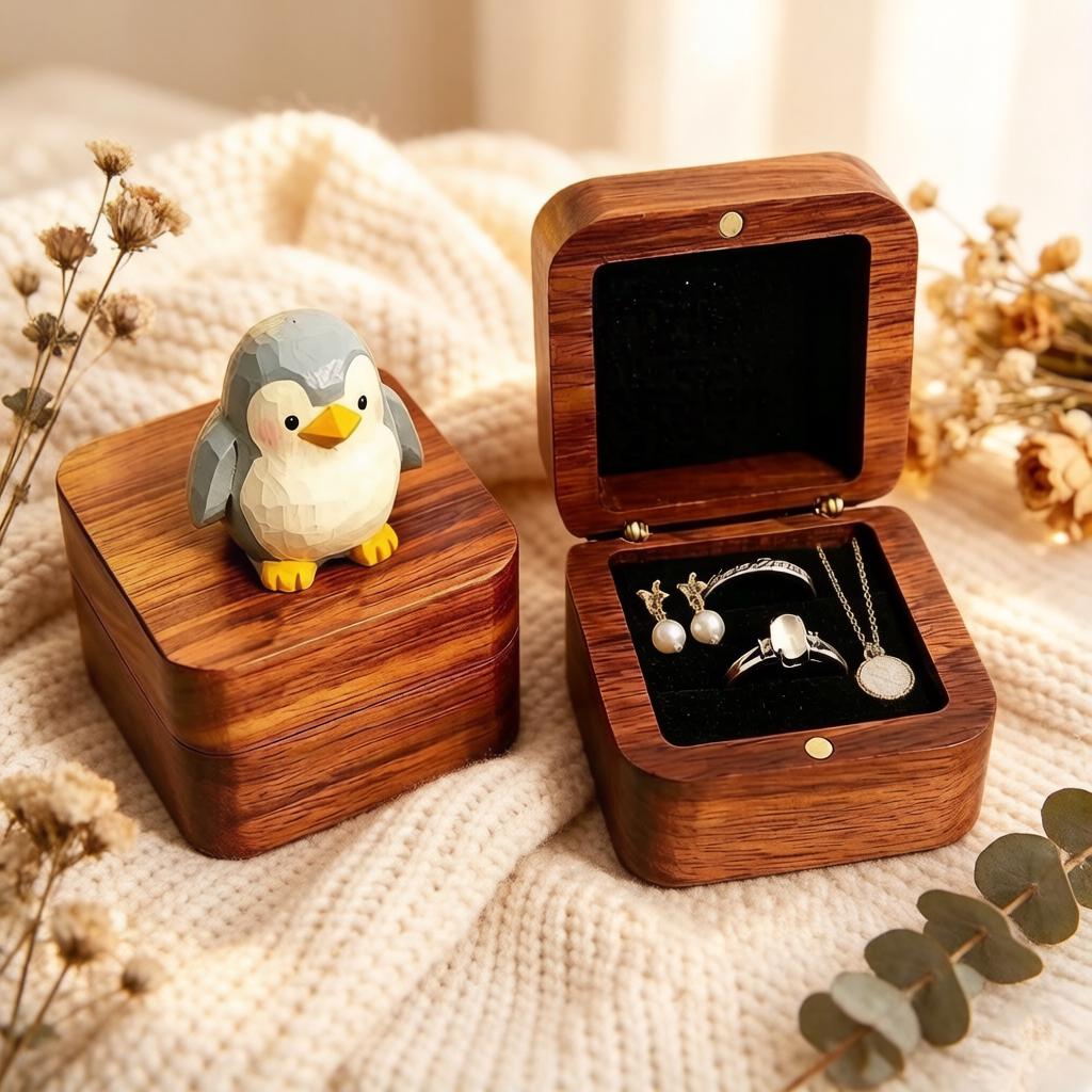 Personalized Penguin Wooden Engagement Ring Box Walnut Proposal Ring Bearer Cute Carved Penguin Romantic Wedding Gift Ring Box