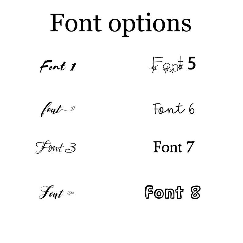 Puede incluir: Imagen que muestra ocho opciones de fuentes. El texto "Font options" est&aacute; en la parte superior. Debajo, se muestran varias fuentes, etiquetadas como Font 1 a Font 8, cada una con un estilo distinto, que va desde cursiva hasta negrita.