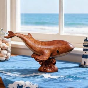 May include: A wooden whale sculpture with a brown finish, perched on a wave-like base. The whale has a curved body and a detailed tail. The sculpture is placed on a blue tablecloth with a wave pattern, near a lighthouse and a jar of seashells.
