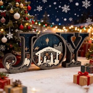 Letrero navideño de madera JOY con Natividad, decoración navideña de madera en capas, letrero navideño rústico para mesa, decoración del hogar con escena de la Natividad