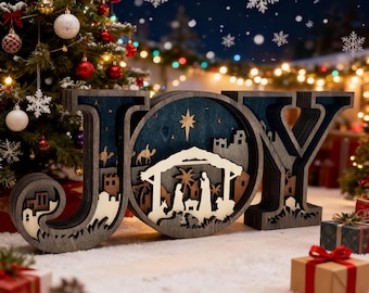 Holz JOY Weihnachtsschild mit Krippe, Schichtholz Feiertagsdekor, rustikales Weihnachtstischschild, Krippendekoration