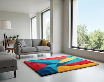 Handmade Geometric Wool Area Rug – Modern Red, Blue, Yellow Decor.