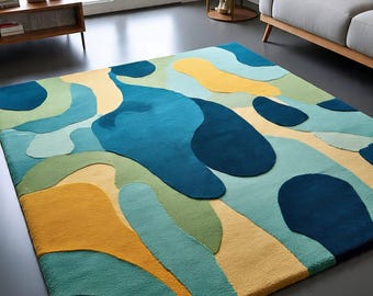 Handmade Wool Abstract Area Rug, Modern Blue Green Home Decor