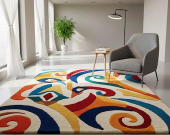 Hand-Tufted Wool Area Rug | Colorful Abstract Swirl, Modern Design.