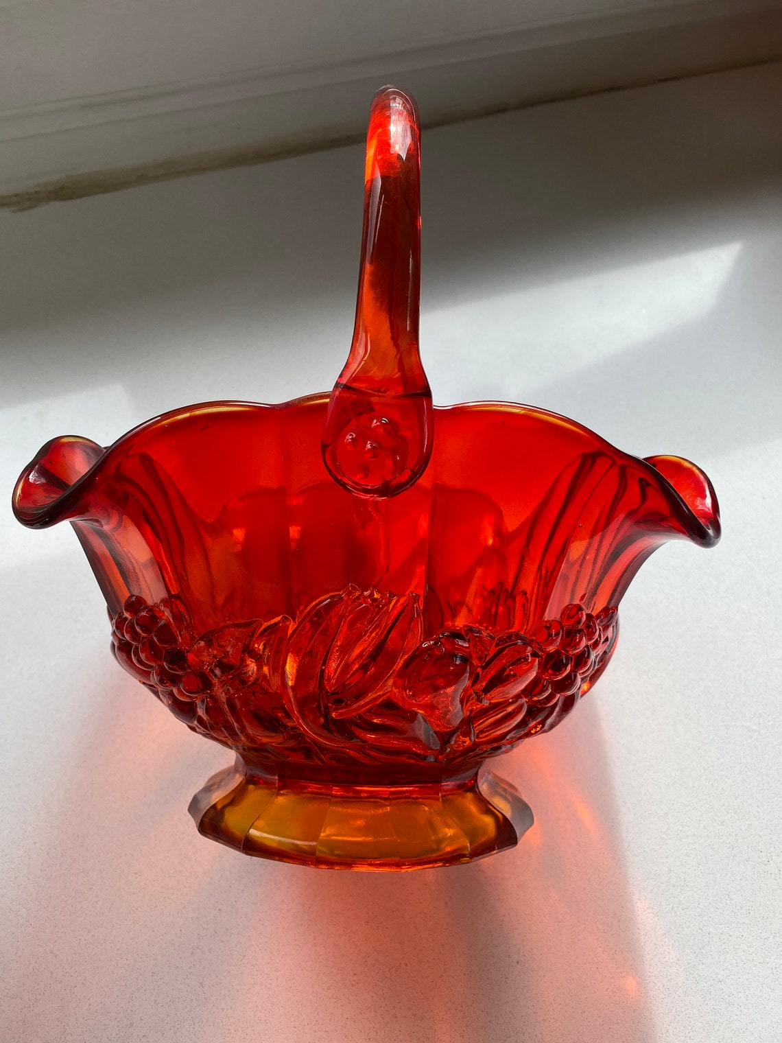 Vintage Large Red Glass Basket with Fruit Decals EAPG Indiana Etsy
