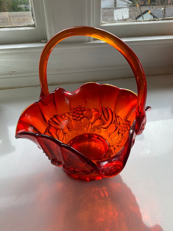 Vintage Large Red Glass Basket with Fruit Decals EAPG Indiana Etsy
