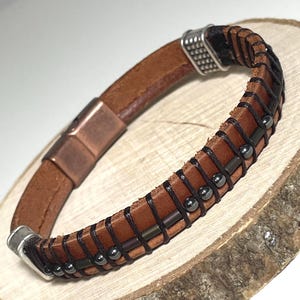 Personalized Mens Morse Code Bracelet with Tan Leather: Hematite Secret Message, Memorial Loss Keepsake