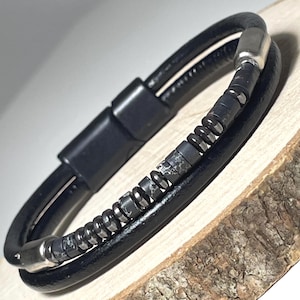 Leather Men Morse Code Bracelets: Personalized Hematite Hidden Message, Anniversary or Memorial Keepsake Jewelry