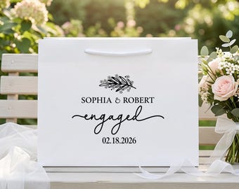 Personalized Engagement Bag, Custom Paper Gift Tote for Couple, Fiancé Gift, Proposal Party, Elegant Floral Names Date Favor Bag