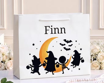 Personalized Kids Halloween Gift Bag, Witch Trick or Treat Design, Custom Name Halloween Bag, Spooky Moon and Bats Kids Gift
