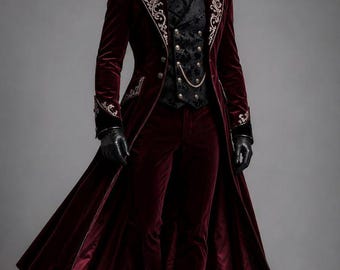 May include: A deep burgundy velvet long coat featuring intricate gold embroidery on the lapels and cuffs, paired with a black patterned waistcoat, a black shirt with a brooch, matching burgundy velvet trousers, black leather gloves, and boots.