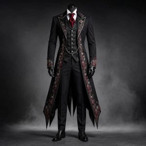 Può includere: Un abito a coda nero con intricati ricami floreali rossi e argento lungo i risvolti e l'orlo. L'insieme include un gilet fantasia abbinato con bottoni argentati, una cravatta rosso scuro, pantaloni neri e scarpe eleganti nere.