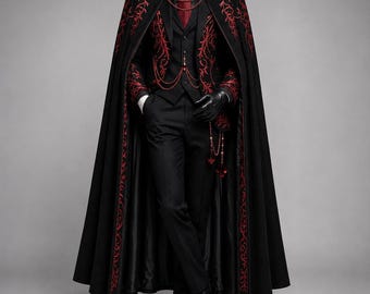 Men's Gothic Aristocrat Suit with Cape, Victorian Vampire Costume, Halloween Nobleman Outfit, Black Red Embroidered Royal Wedding Cosplay