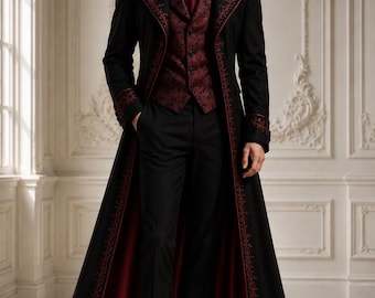 Men's Gothic Coat, Victorian Tailcoat, Vampire Coat, Black Red Embroidered Steampunk Jacket, Dracula Costume, Gothic Wedding Coat