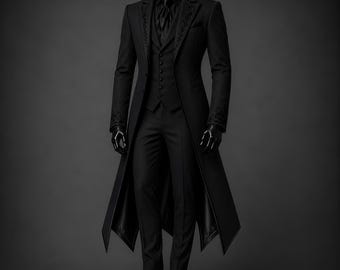 Black Gothic Victorian Tailcoat | Aristocrat Tuxedo Frock Coat | Steampunk Vampire Wedding Suit | Medieval Halloween Cosplay Costume
