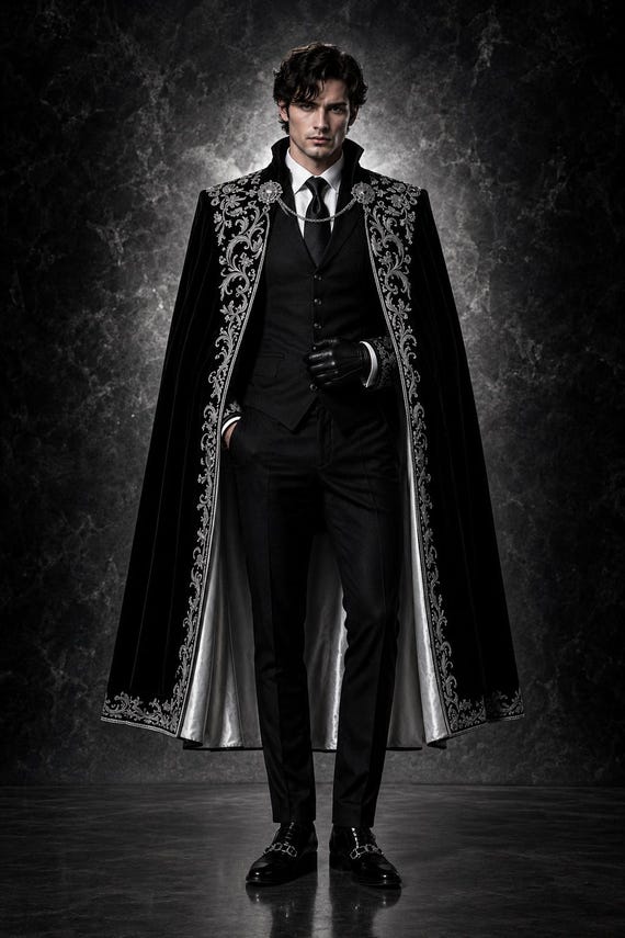 Men's Black and Silver Embroidered Suit with Cape, Gothic Victorian Groom Outfit, Royal Wedding Formal Wear, Luxury Menswear