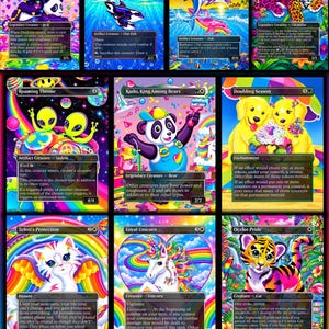 May include: A collection of twelve Magic: The Gathering trading cards featuring vibrant, colorful illustrations of animals and creatures including pandas, dolphins, cats, dogs, aliens, and a unicorn, all set against bright, psychedelic backgrounds.