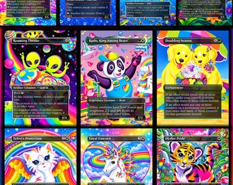 Może przedstawiać: Kolekcja dwunastu kart kolekcjonerskich Magic: The Gathering z żywymi, kolorowymi ilustracjami zwierząt i stworzeń, w tym pand, delfinów, kotów, psów, kosmitów i jednorożca, na tle jasnych, psychodelicznych teł.