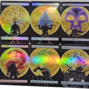 May include: Six holographic trading cards featuring Teenage Mutant Ninja Turtles silhouettes against a large yellow moon. Each card displays a different land type: Plains, Island, Swamp, Mountain, Forest, and Wastes, with corresponding elemental symbols and character poses.