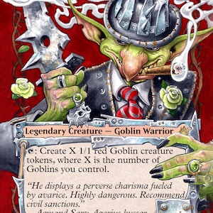 May include: A fantasy card featuring "Krenko, Mob Boss," a green goblin in a suit and hat, holding a weapon. The card text describes the creature as a Goblin Warrior, with a 3/3 power/toughness. The background is red.